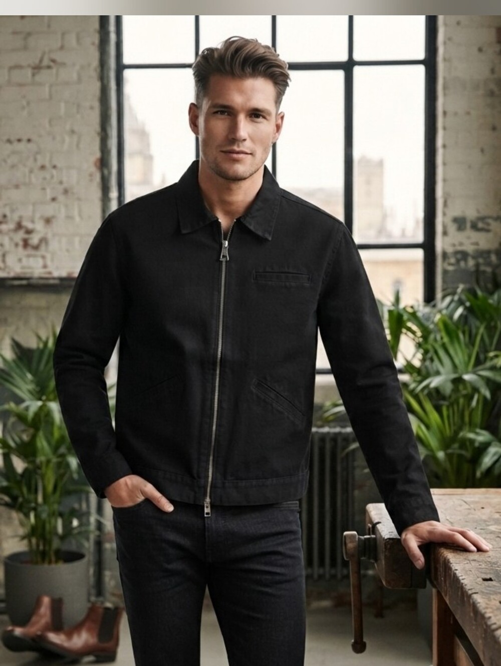 NWT Zara Men’s Black Sherpa-Lined Full-Zip Canvas / Denim Jacket Size L (Large)